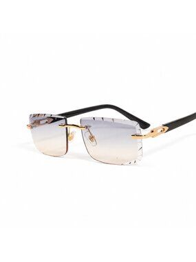 Gold Frame Gray And Tan Tint Rimless Gem Cut  Black Composite Temple Sunglasses